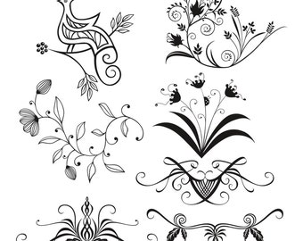 Clipart Digital Floral Design Elements Vector Graphics Embellishments Decorative Flourishes Bird  Flowers Swirls