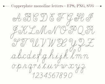 Clipart Alphabet PNG, SVG, EPS Copperplate Monoline Script Letters Uppercase Lowercase Numbers Digital Download Bundle