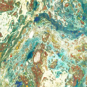 May include: Abstract painting with swirling patterns in shades of blue, green, red, and white.