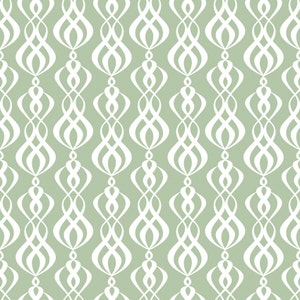 May include: A repeating pattern of white, stylized, flame-like shapes against a muted green background. The design features vertical columns of interconnected, symmetrical forms, creating a seamless, decorative pattern.
