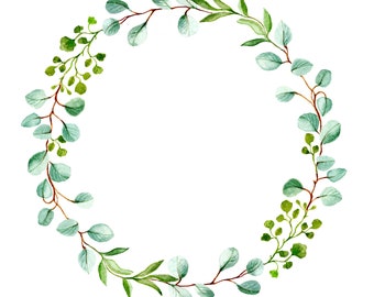 Digital Watercolor Eucalyptus Wreath PNG Foliage Circle Clipart Floral Arrangement