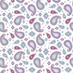 May include: A repeating pattern with paisley motifs in purple, blue, and grey on a white backdrop. The design incorporates paisley shapes, floral elements, and small star accents, forming a decorative and intricate pattern.