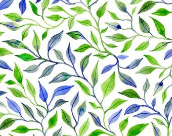 Repeating Watercolor Leaf Pattern i Green and Blue Seamless Floral Digital Pattern Textile Pattern Design