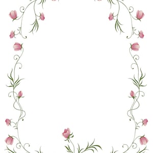 May include: A decorative floral frame featuring pink flowers and green leaves. The frame is ideal for adding a touch of elegance to any project.