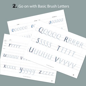 May include: A worksheet with instructions to "Go on with Basic Brush Letters". The worksheet shows how to write the letters Q, R, S, T, U, V, W, X, Y, and Z in cursive using a brush pen. The letters are written in blue ink on white paper with gray lines.