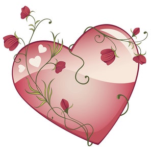 Instant Digital Download Vector Graphic Glossy Heart With Roses Rose Branches Romantic Cute Clipart Valentines Day Illustration