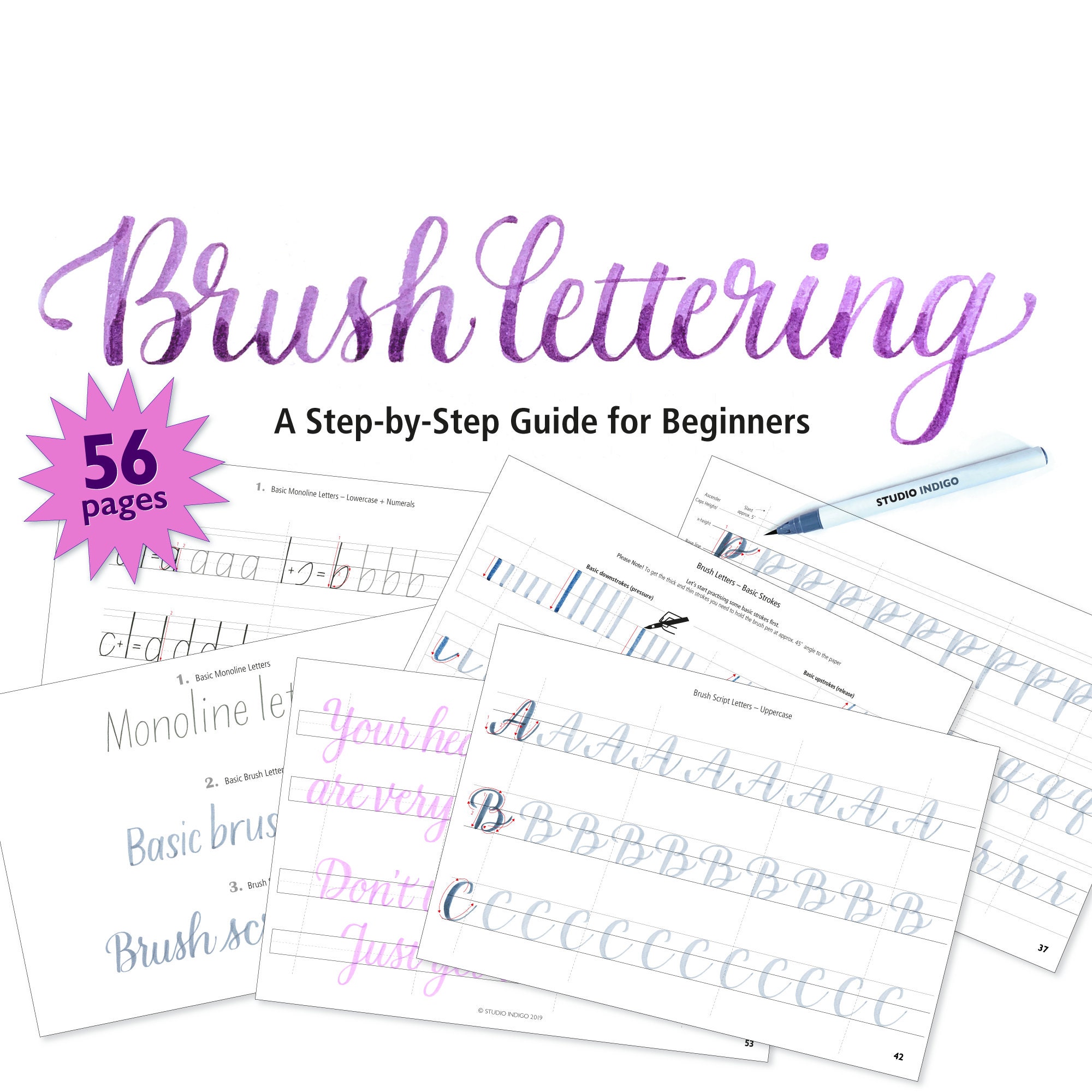 Brush Lettering Workbook A Step by Step Guide for Beginners 56 Pages With 3  Alphabets, Brush Calligraphy Words and Quotes 