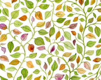 Repeating Watercolor Autumn Leaf Pattern With Green Pink and Orange Leaves Seamless Floral Digital Pattern Textile Pattern Design