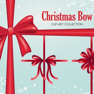 May include: Three red Christmas bows with white snowflake and floral designs on a light blue background. The text "Christmas Bow" and "Clip-Art Collection" is displayed above the bows.