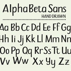 May include: A font alphabet chart with the title "Alpha Beta Sans Hand Drawn" and all the letters of the alphabet in lowercase.