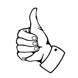 May include: A black and white line drawing of a hand giving a thumbs up gesture. The hand is wearing a cuff.