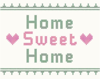 Home Sweet Home Clipart Cross Stitch Quote With Borders and Hearts Vector Digital Embroidery Craft Needlework Aphorism Green Red