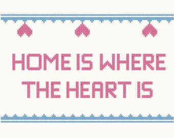 Home Is Were The Heart Is Digital Cross Stitch Clipart Quote With Borders and Hearts Vector Embroidery Craft Needlework Aphorism Blue Red