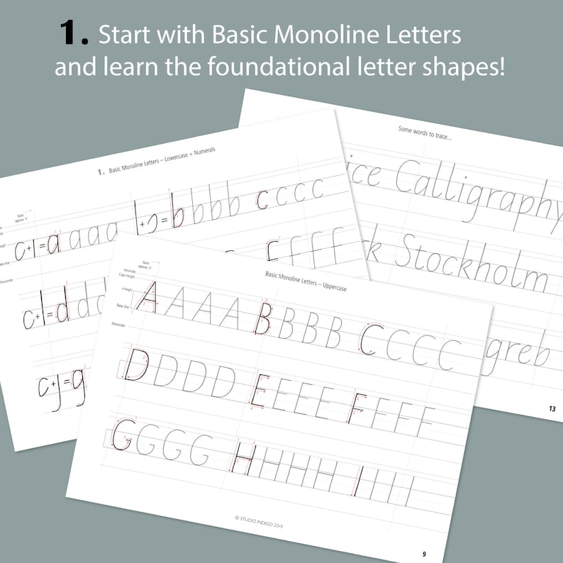 May include: A printable worksheet for practicing basic monoline letters. The worksheet includes lowercase and uppercase letters, as well as numbers. The letters are printed in red and the lines are black. The worksheet is titled "Basic Monoline Letters - Lowercase + Numerals" and "Basic Monoline Letters - Uppercase".