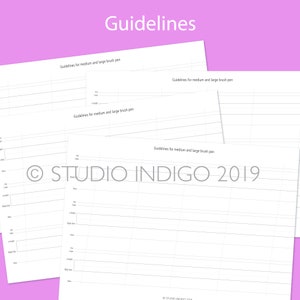May include: Four sheets of white paper with guidelines for medium and large brush pens. The paper is divided into sections with lines and the text "Guidelines for medium and large brush pen" is printed at the top of each sheet. The text "&copy; STUDIO INDIGO 2019" is printed at the bottom of the sheet.