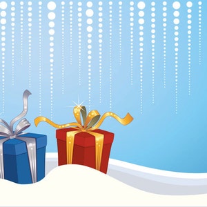 May include: Two wrapped gift boxes sit on a snowy surface against a blue background with white dots. The box on the left is blue with a silver ribbon. The box on the right is red with a gold ribbon.