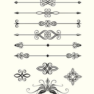 May include: A set of ten black and white decorative design elements. The elements are a mix of swirls, lines, and geometric shapes. The designs are perfect for adding a touch of elegance to any project.