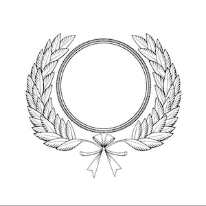 Pode incluir: Ilustração a preto e branco de uma coroa de louros com uma moldura circular. A coroa é composta por folhas detalhadas e é amarrada com um laço na parte inferior. O design é adequado para um logótipo ou emblema.