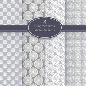 May include: Four seamless vector patterns with a gray background and white designs. The patterns include a floral design, a circle design, a swirl design, and a star design. The text "4 Tiling/Seamless Vector Patterns" is displayed in a black oval.