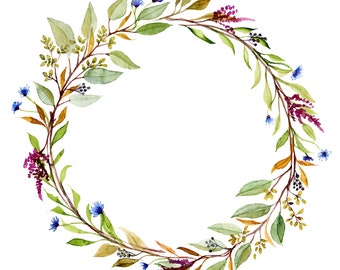 Digital Watercolor Wild Flowers Wreath PNG Foliage Circle Clipart Floral Arrangement Blue Cornflowers