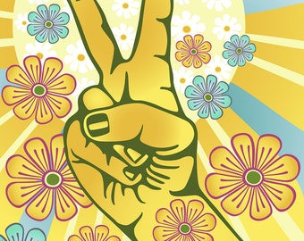 Flower Power Clipart Hand Gesturing Symbol of Peace, Digital Download Gestures and Signs Vector Poster Graphic Design