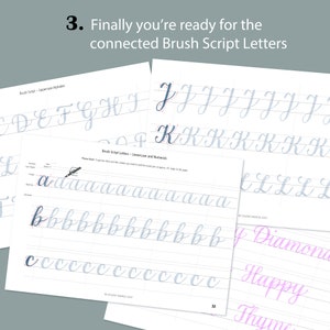 May include: A worksheet for practicing connected brush script letters. The worksheet includes lowercase letters a, b, c, j, k, and l. The letters are written in a light blue color on a white background. The worksheet also includes the words "Diamond", "Happy", and "Thyme" written in pink.