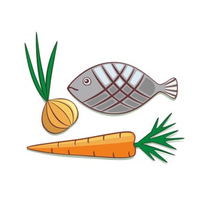 May include: A cartoon illustration of a gray fish, a yellow onion with green stems, and an orange carrot with green leaves.