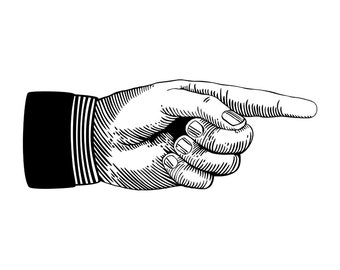 May include: A black and white illustration of a hand pointing to the right.