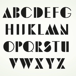 May include: Black and white alphabet font with geometric shapes. The letters are stylized with lines, circles, and triangles.