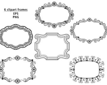 Clipart Collection 6 Black Ornate Lace Frames EPS PNG Digital Downloads