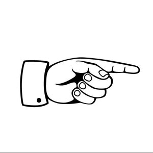 May include: A black and white illustration of a hand pointing to the right. The hand is wearing a long-sleeved shirt with a button cuff.