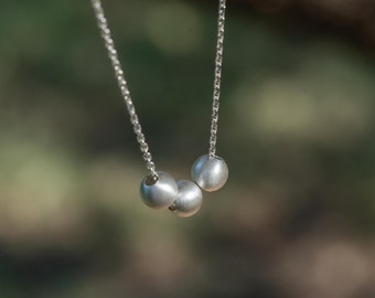 Chain Necklace with Three Beads, Sterling Silver, Round Metal Bead Necklace, Gift for Mother