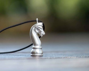 Personalized Knight Chess Piece Necklace, Recycled Sterling Silver Horse Pendant, Custom Engraving, Gift for Chess Lovers