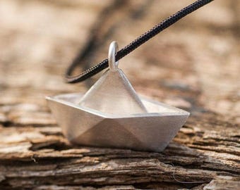 Origami Boat Necklace, Sterling Silver Unisex Nautical Pendant