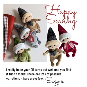 May include: Four handmade felt elf dolls in various colors, including green, gray, brown, and red. The dolls have white felt hats and are wearing felt clothing. The dolls are arranged on a brown and white checkered fabric. The text "Happy Sewing" is written in red cursive lettering in the upper right corner of the image.
