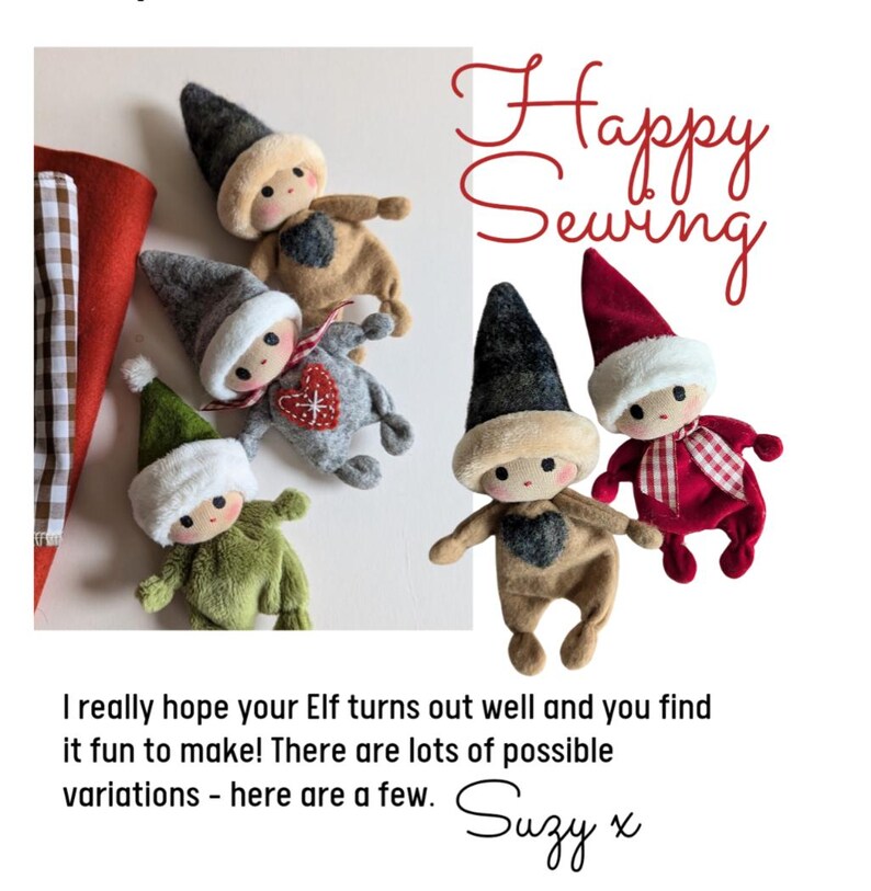 May include: Four handmade felt elf dolls in various colors, including green, gray, brown, and red. The dolls have white felt hats and are wearing felt clothing. The dolls are arranged on a brown and white checkered fabric. The text "Happy Sewing" is written in red cursive lettering in the upper right corner of the image.
