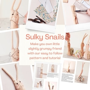 May include: A craft project tutorial for making a plush snail toy. The image shows a close-up of the finished snail toy, along with instructions and a pattern for making the toy. The text on the image reads "Sulky Snails Make you own little slightly grumpy friend with our easy to follow pattern and tutorial".