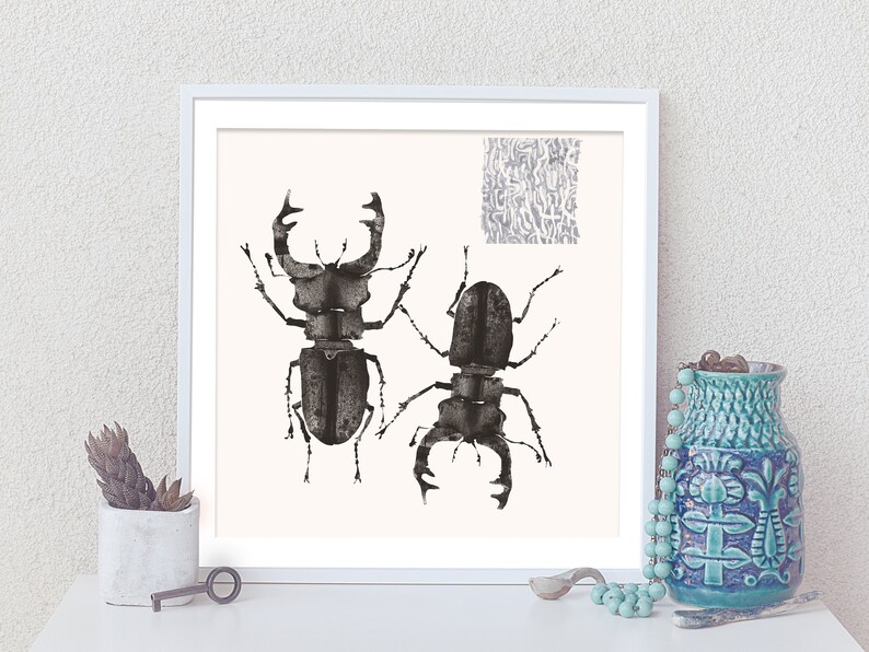 Stag beetles art print for home decor. Size 24 X 24 cm or 9.44 X 9.44 inches image 2