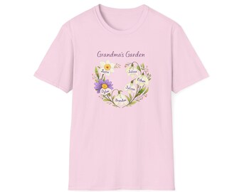 Grandma's Garden Floral Wreath T-Shirt, Personalized with Grandchildren Names