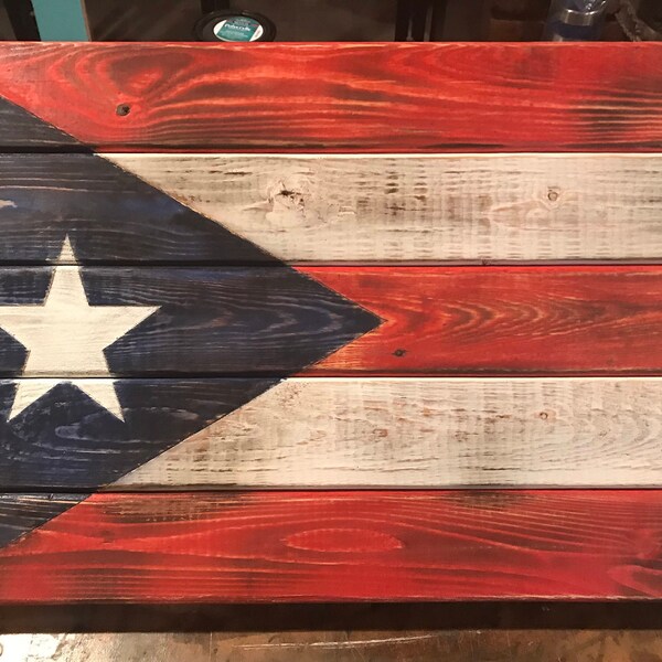 Rustic Puerto Rican Flag Wall Art - Hand Made - Burned wood