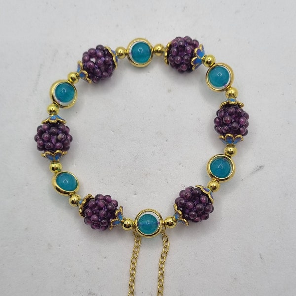 BRACCIALE ELASTICO con more in granato, agata azzurra e charms, con orecchini, elastic garnet bracelet with blue agate and charms, set