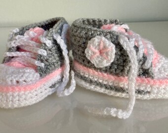 Baby Shoes Sneakers Crocheted Light Grey Pink