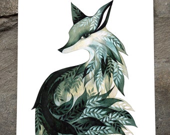 Fox watercolour print in green or purple