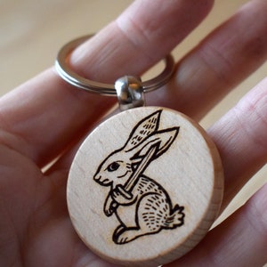 Battle Bunny Keyring - Mediaeval Marginalia wooden charm (rabbit)