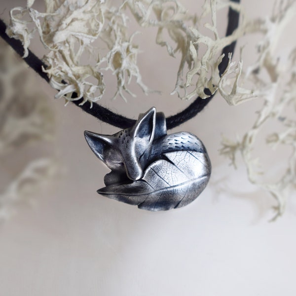 Sterling Silver Sleeping Fox Pendant with Leafy Tail