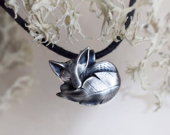Sterling Silver Sleeping Fox Pendant with Leafy Tail