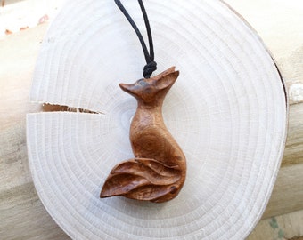 hand carved fox pendant necklace, gift for nature lovers, made from elm wood