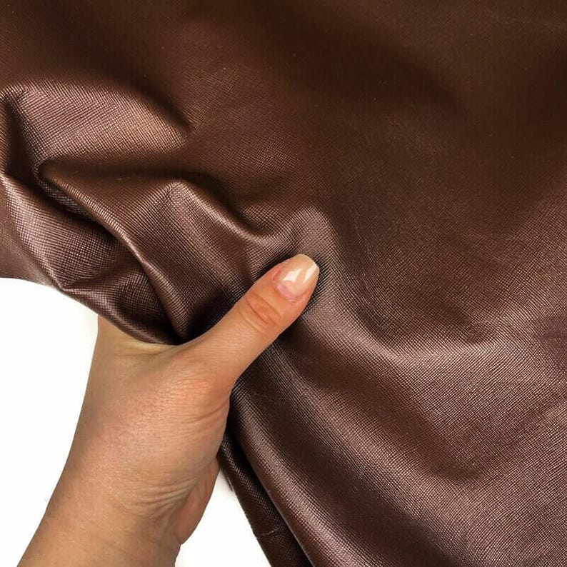 Dark Brown Leather Fabric // Saffiano // Real Animal Leather // Beige Cross-Hatch Pattern Technique // Dark Brown Saffiano, 1075, 0.7mm image 8