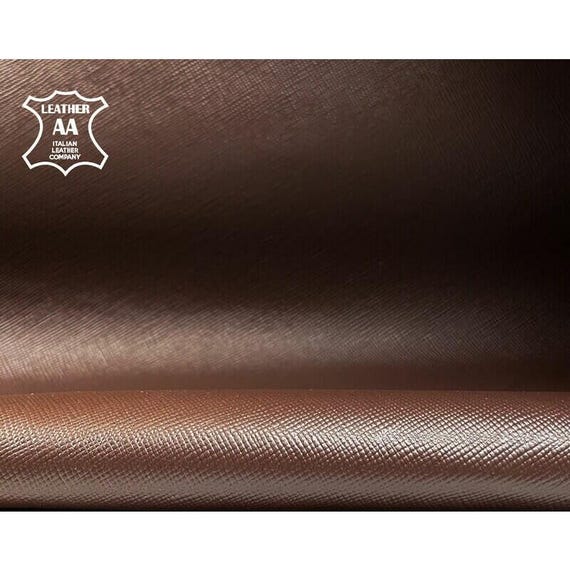 Dark Brown Leather Fabric // Saffiano // Real Animal Leather // Beige Cross-Hatch Pattern Technique // Dark Brown Saffiano, 1075, 0.7mm
