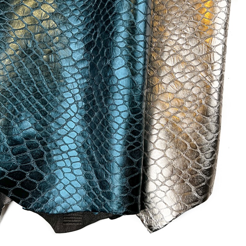 Light Gold And Teal Blue Metallic 4 5 sqft // 0.36 0.5 m2 Reptile Print Leather Thick Lambskin 1mm/2.5oz TEAL & GOLD REPTILE 1505 image 2